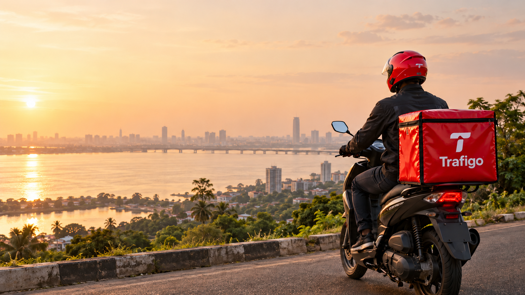 Un livreur Trafigo à moto, face à la ville de Kinshasa au coucher du soleil